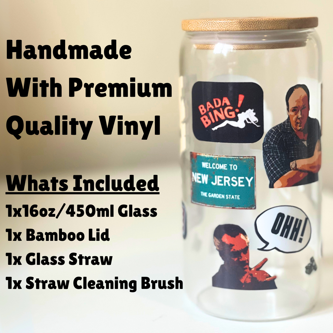 Sopranos Inspired 16oz Glass Tumbler Cup | Cup with Bamboo Lid & Reusable Straw | Mafia TV Show Gift for Fans