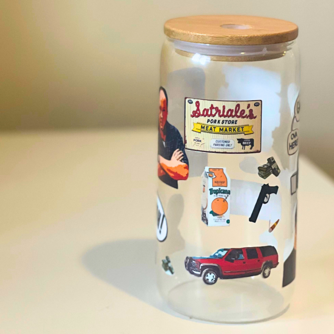 Sopranos Inspired 16oz Glass Tumbler Cup | Cup with Bamboo Lid & Reusable Straw | Mafia TV Show Gift for Fans