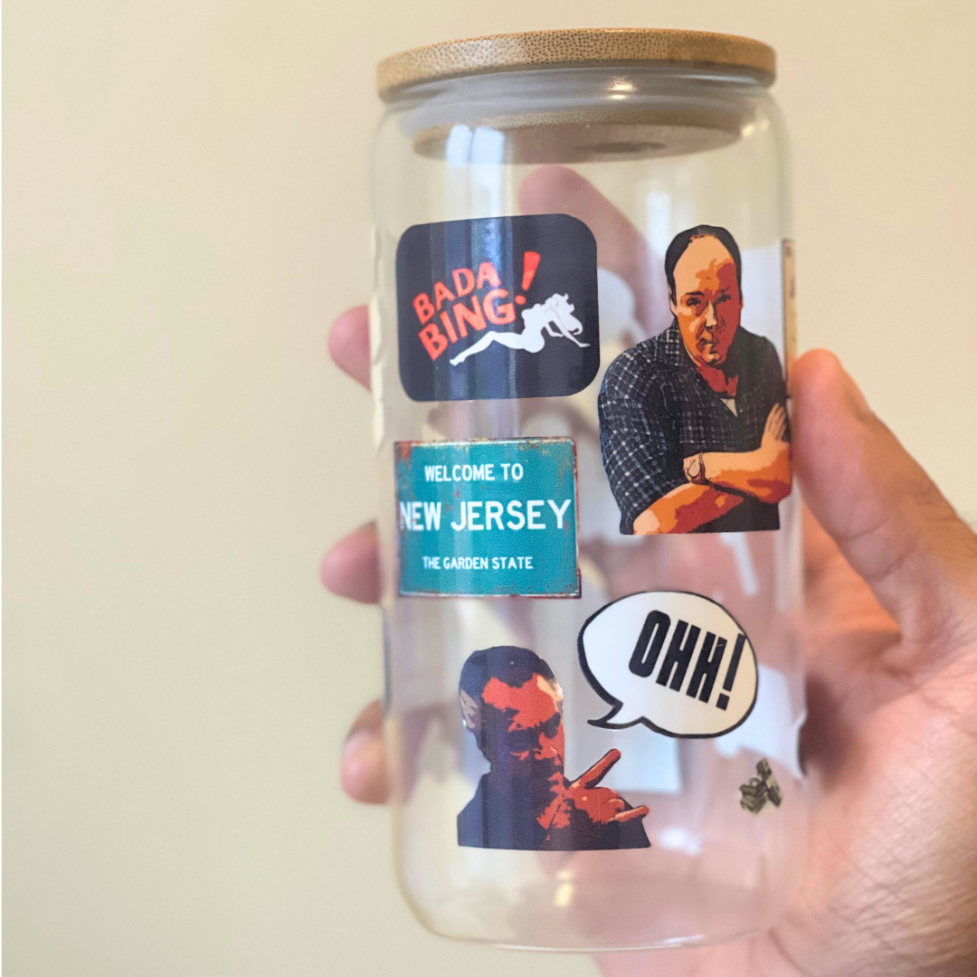 Sopranos Inspired 16oz Glass Tumbler Cup | Cup with Bamboo Lid & Reusable Straw | Mafia TV Show Gift for Fans