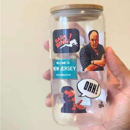Sopranos Inspired 16oz Glass Tumbler Cup | Cup with Bamboo Lid & Reusable Straw | Mafia TV Show Gift for Fans